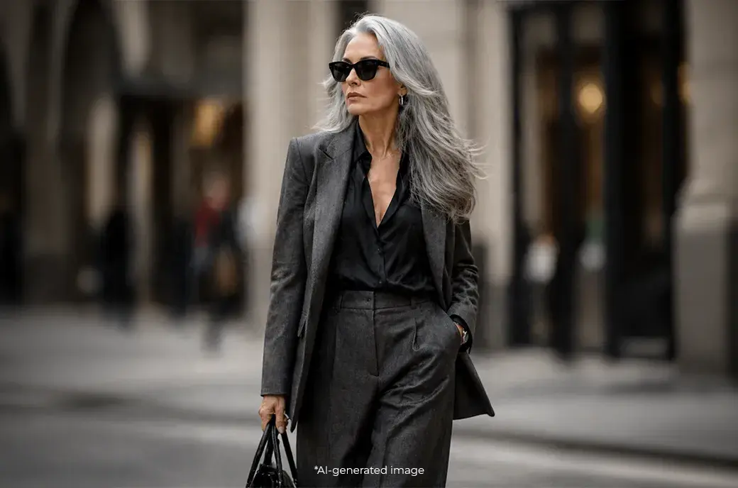 Woman walking on the street with trendy outfit and sunglasses and silver, long hair.