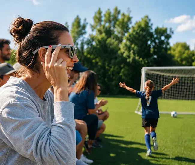 A woman smiling and using her grey Meta smart glasses at a soccer game.