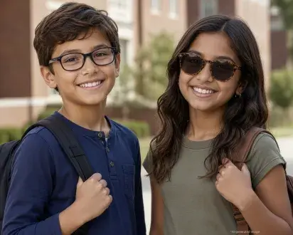 Boy and girl with backpacks outdoors