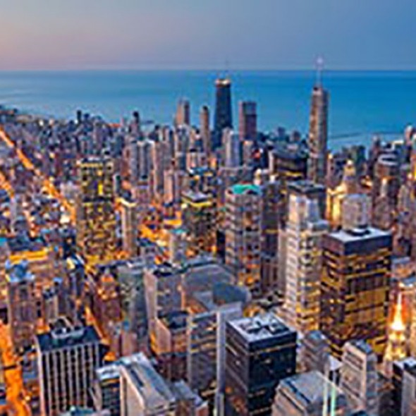 Chicago at sunset with Lake Michigan in background