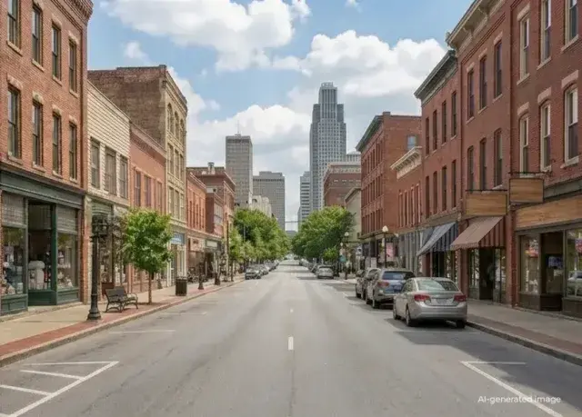 A simulation of blurred vision through an eyeglass lens shape, where only the center is clear and the surrounding street scene is out of focus.