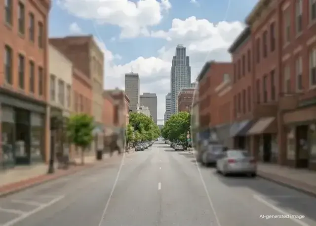 A clear, sharp view of a city street lined with historic brick buildings leading toward a modern skyscraper in the distance.