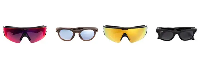 Four styles of Meta smart glasses displayed on a minimalist white pedestal.