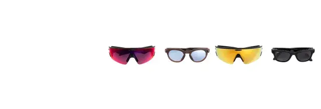 Four styles of Meta smart glasses displayed on a minimalist white pedestal.