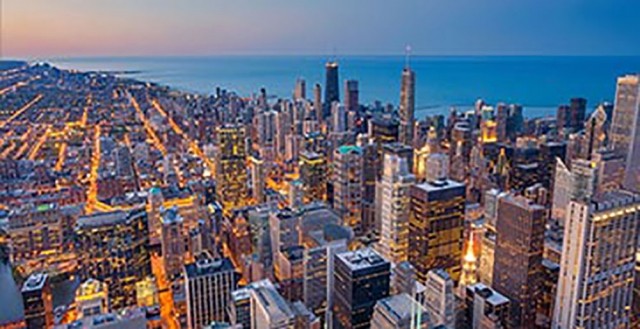 Chicago at sunset with Lake Michigan in background