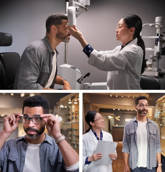 Collage of man with glasses getting an exam and trying on glasses