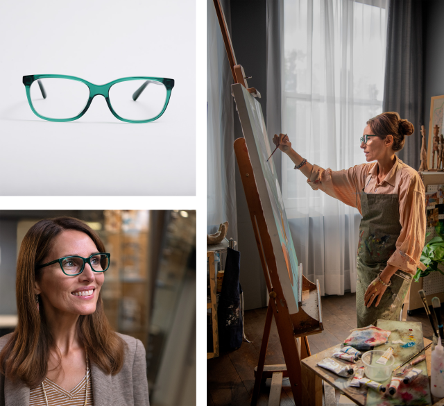 Collage of woman painting and wearing stylish eyeglasses