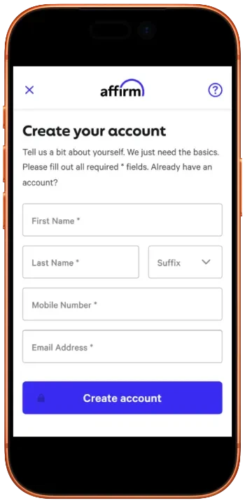 A screenshot depicting Affirm account creation