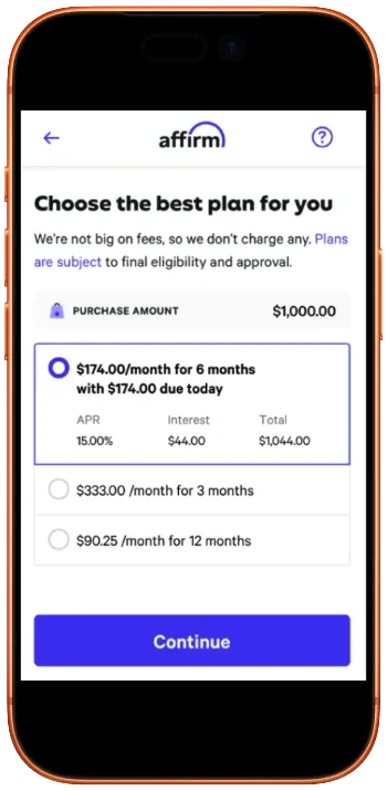 A screenshot depicting the Affirm payment plan choice screen