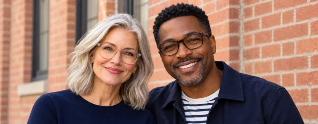 Female and male wearing glasses smiling with brick wall background
